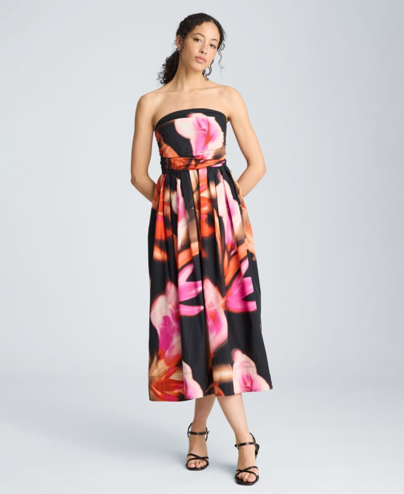 Women's Floral Print Strapless Midi Dress