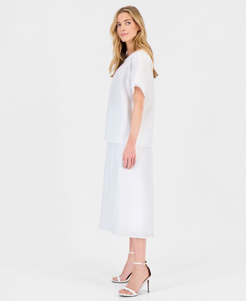 Women's Linen-Blend Pleat-Neck Blouse & Pull-On A-Line Midi Skirt