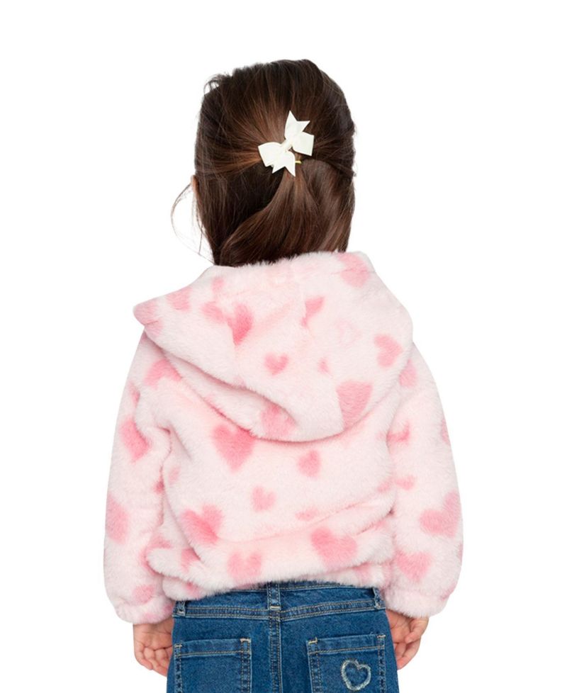Baby Girl (12M - 24M) Hooded Full Zip Faux Fur Jacket Printed with Hearts