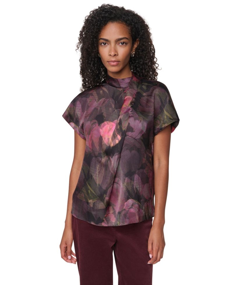Women's Floral-Print Mock Neck Short-Sleeve Blouse