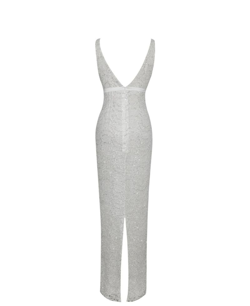 Women's Adelaide White Beaded Sequin Net Bodycon Gown