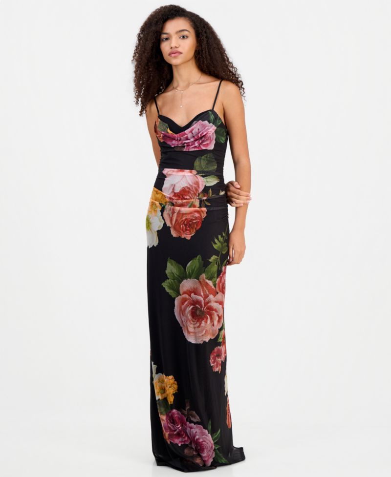 Juniors' Cowl Neck Floral Mesh Sleeveless Gown