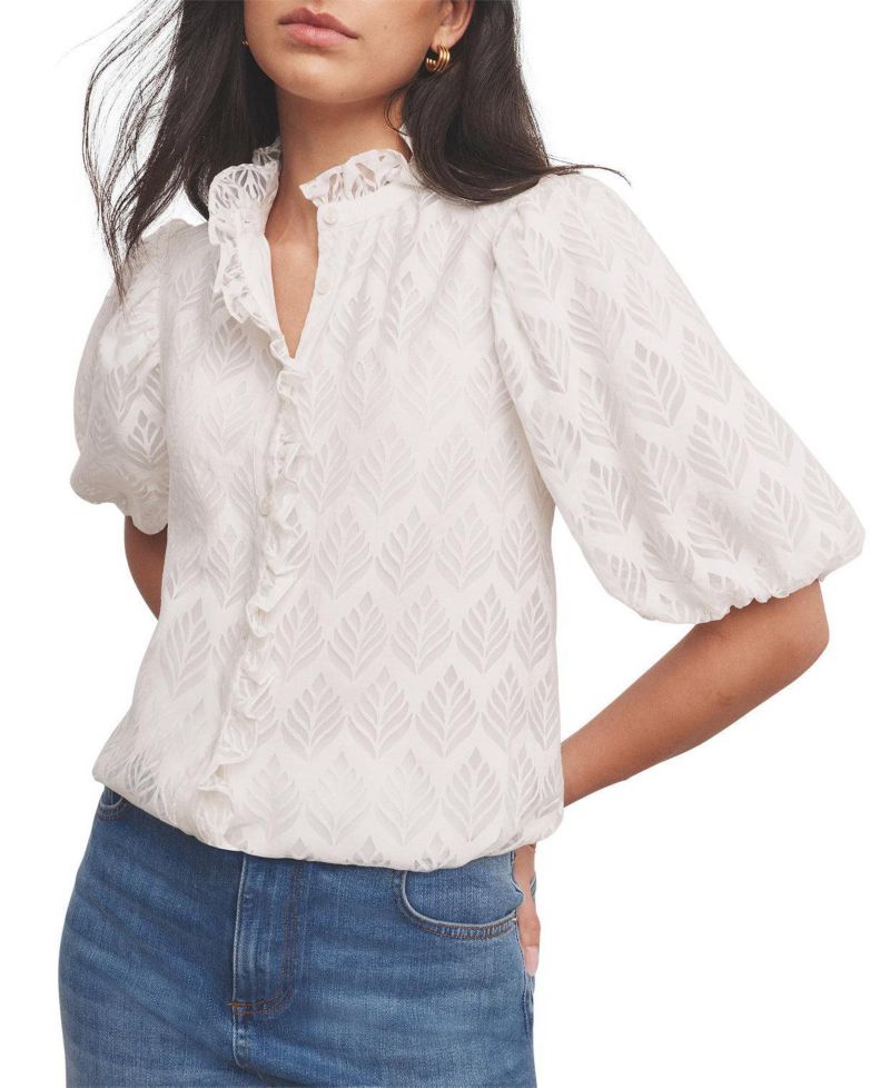 Women's Short Puff Sleeve Jacquard Ruffle-Trim Blouse