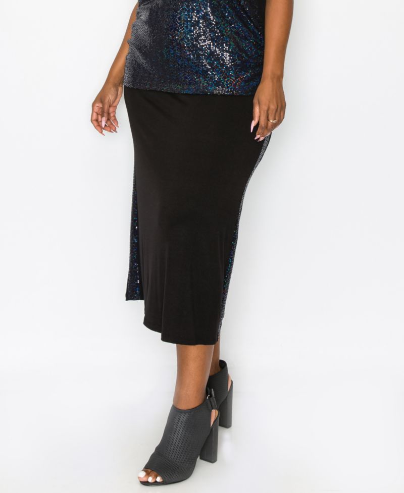 Plus Size Sequin Side Contrast Fold Over Midi Skirt