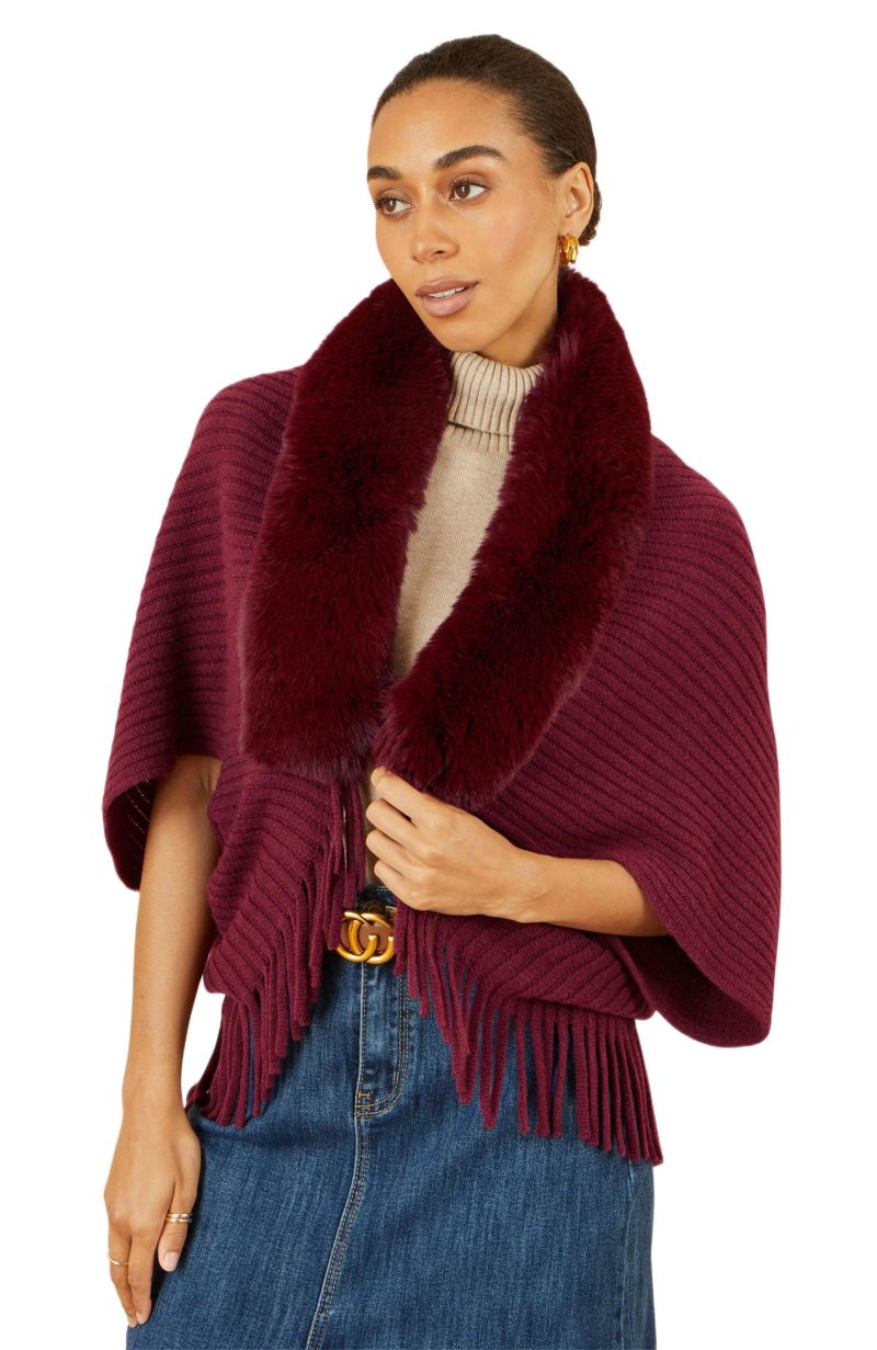 Women's Fur Collar Shrug With Tassel Hem