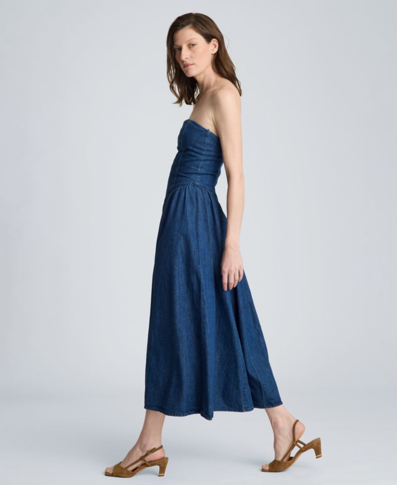 Women's Strapless Bustier Denim Midi Dress