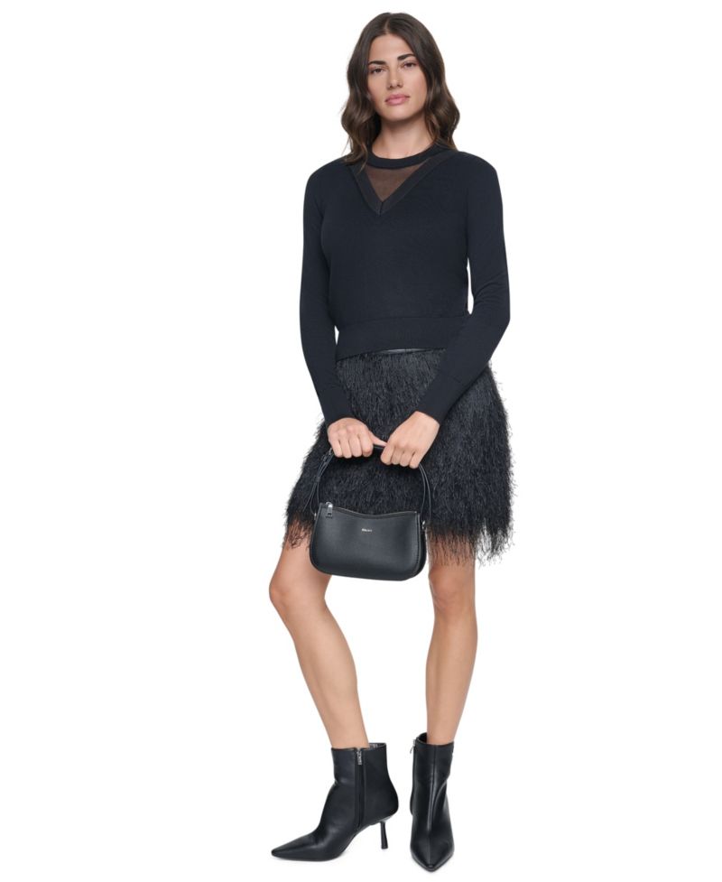 Women's Double V-Neck Mesh Window Detail Long-Sleeve Pullover