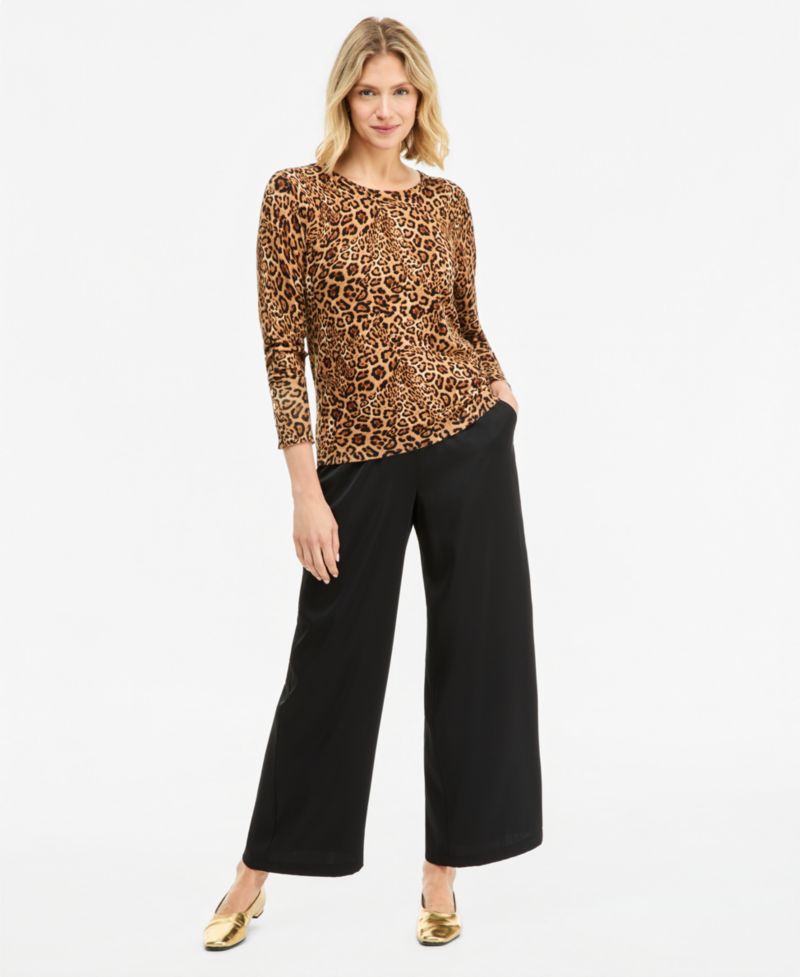 Petite Bold Leopard Long-Sleeve Crewneck Sweater