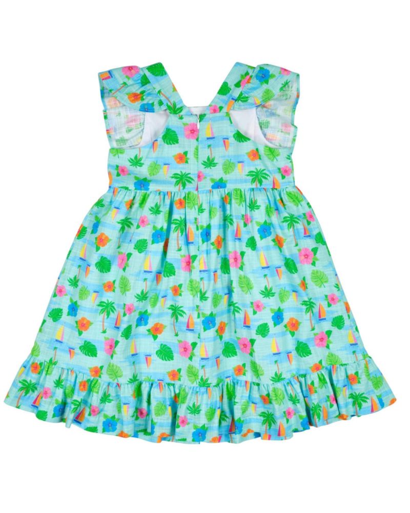 Big Girls Printed Linen Look Dress With Flower