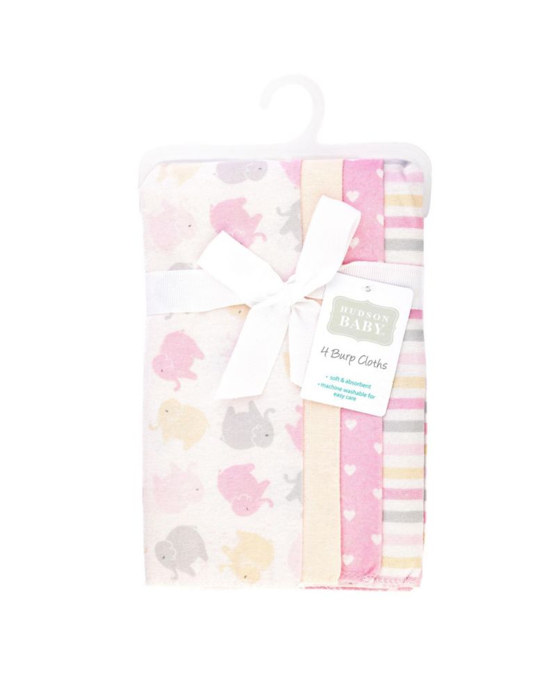 Girl Cotton Poly Flannel Burp Cloths 4-Pack, Elephant