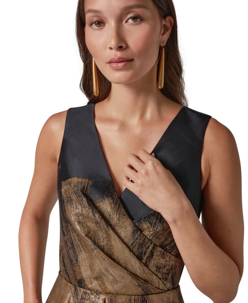 Women's Metallic Brushstroke Jacquard V-Neck Fit & Flare Dress