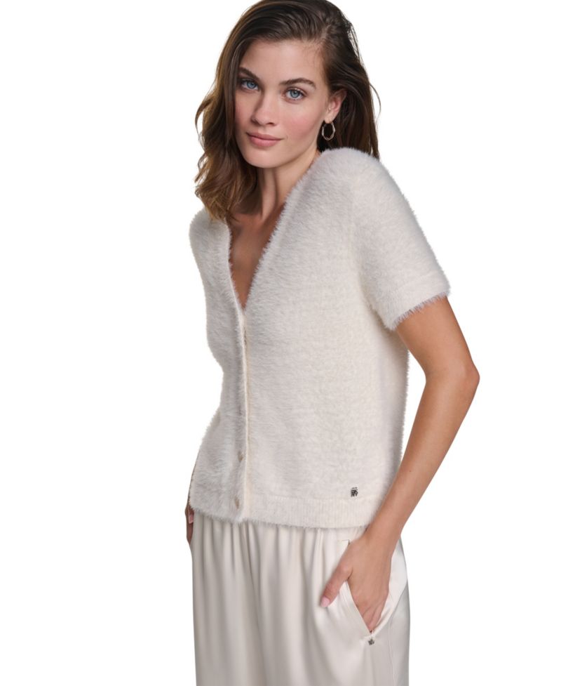 Petite Short-Sleeve Brushed-Knit Fitted Cardigan