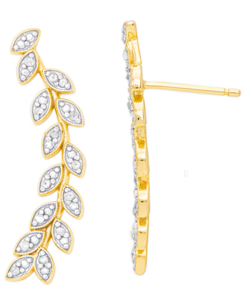 Diamond Accent Leaf Ear Climber Earrings in 14K Gold Plate and Fine Silver Plate