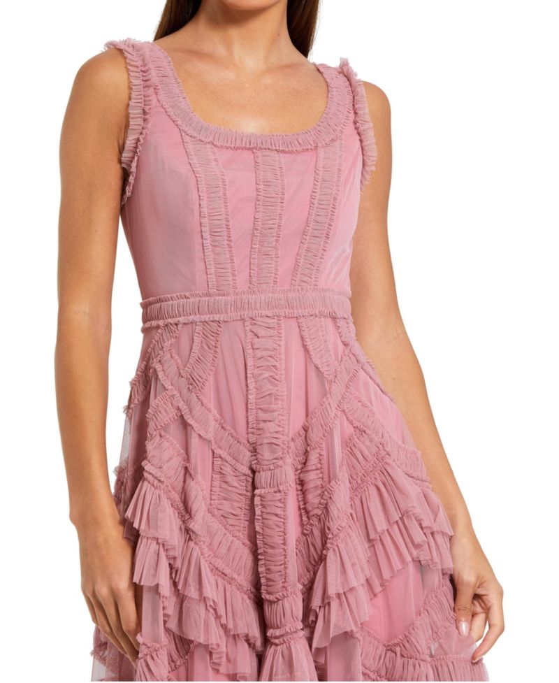 Women's Scoop Neck Sleeveless Mesh Micro Ruffle Midi Dress