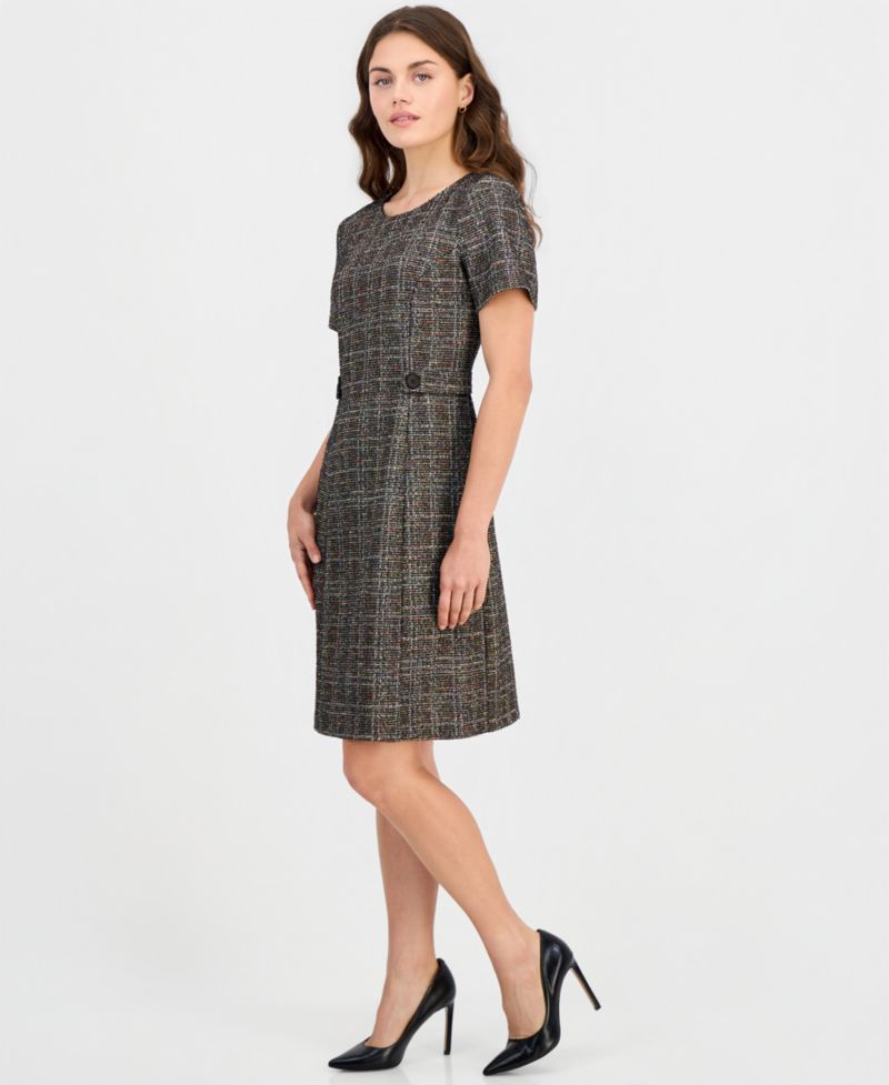 Petite Tweed Plaid Short-Sleeve Shift Dress