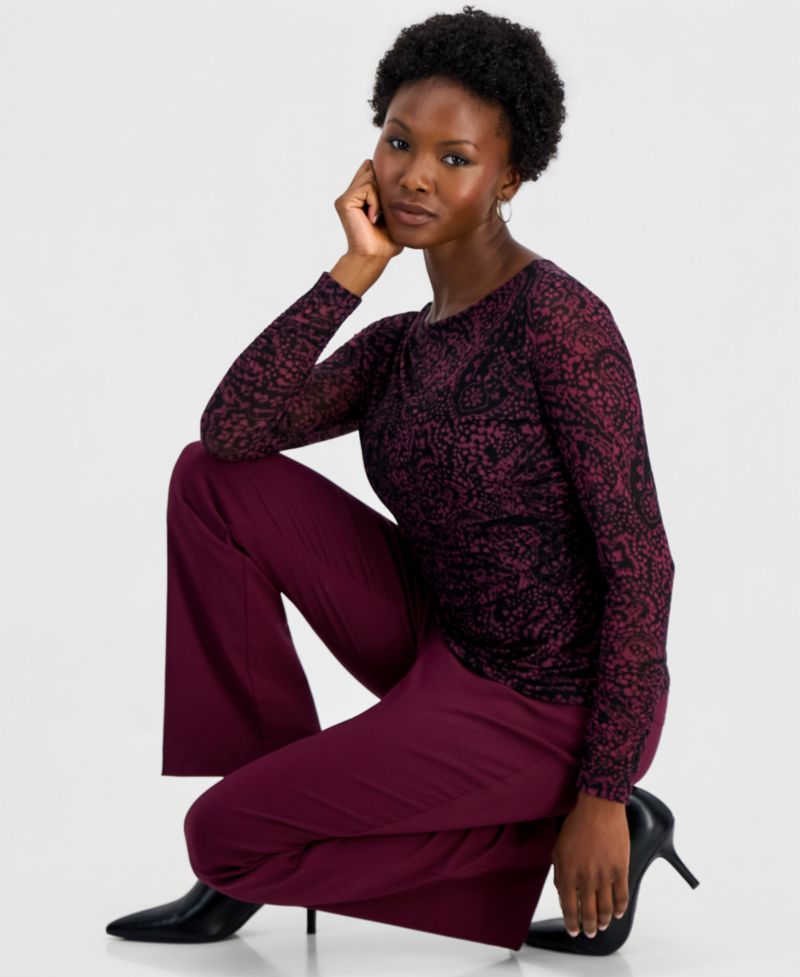 Women's Petite Long-Sleeve Ruched Mesh Top