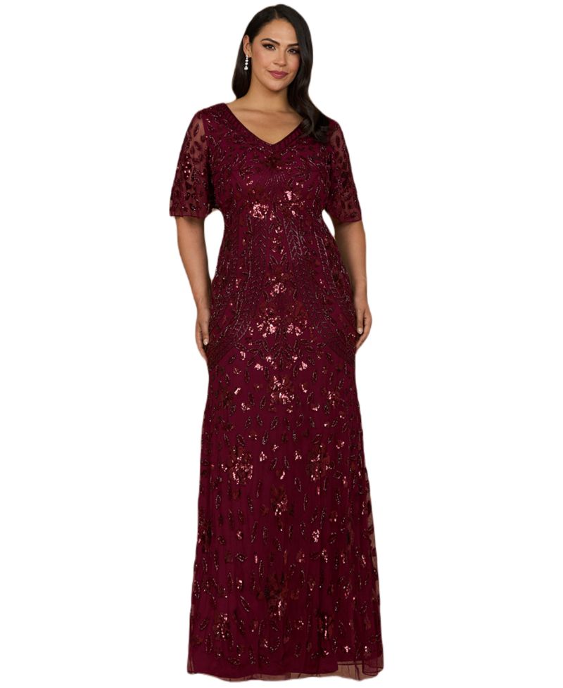 Women's V-Neck, Cape Sleeve Beaded Gown