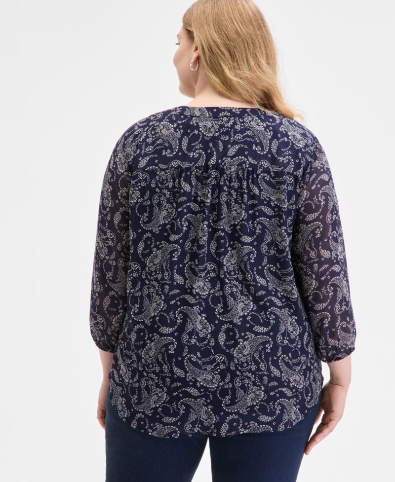 Plus Size Kelly Printed Sheer-Sleeve Pleated Blouse
