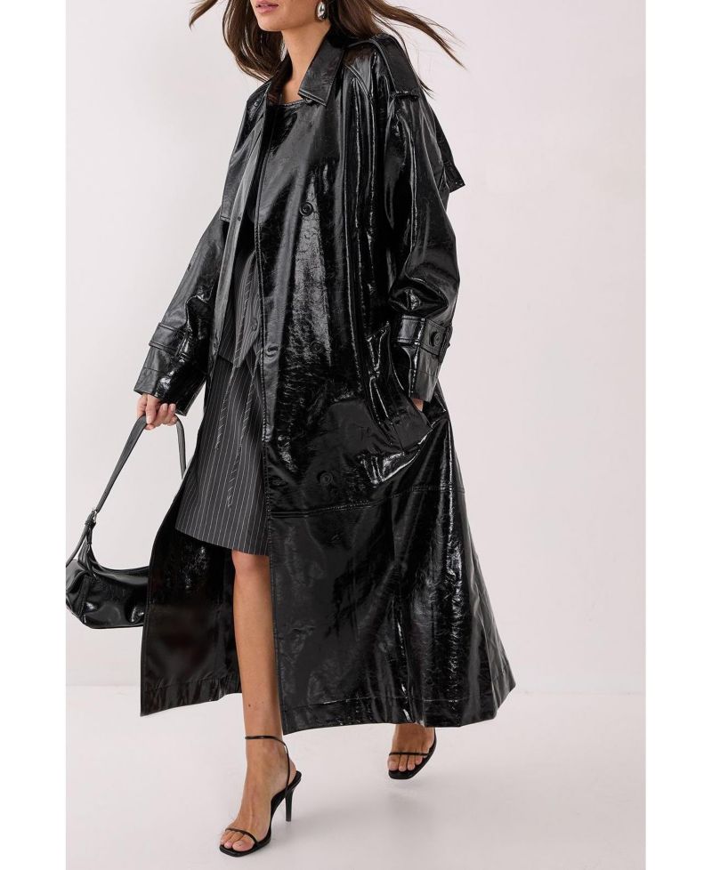 Women's High Shine Faux Leather Trench Coat