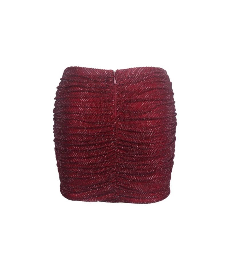 Women's Darleen Crimson Rhinestone Mesh Low Waist Ruched Skirt