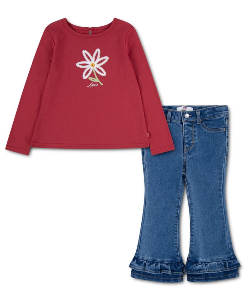 Baby Girls' Flower Bodysuit and Ruffle Jeans, 2-Piece Set