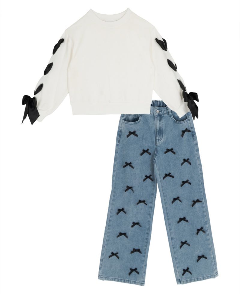 Girls' 7-12 Bow-Trim Sweatshirt and Bow-Embellished Wide-Leg Denim Pants, 2-Piece Set