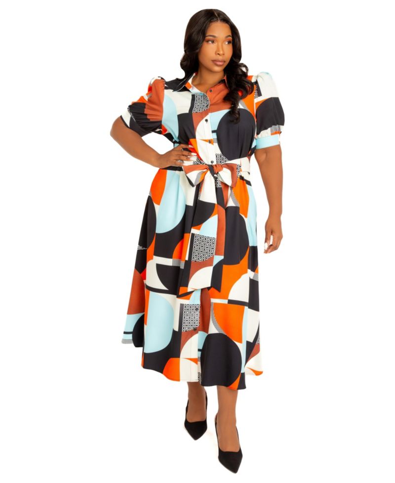 Women's Plus Size Geometric Print Puff Sleeve Shirtdress with Tie Waist Detail
