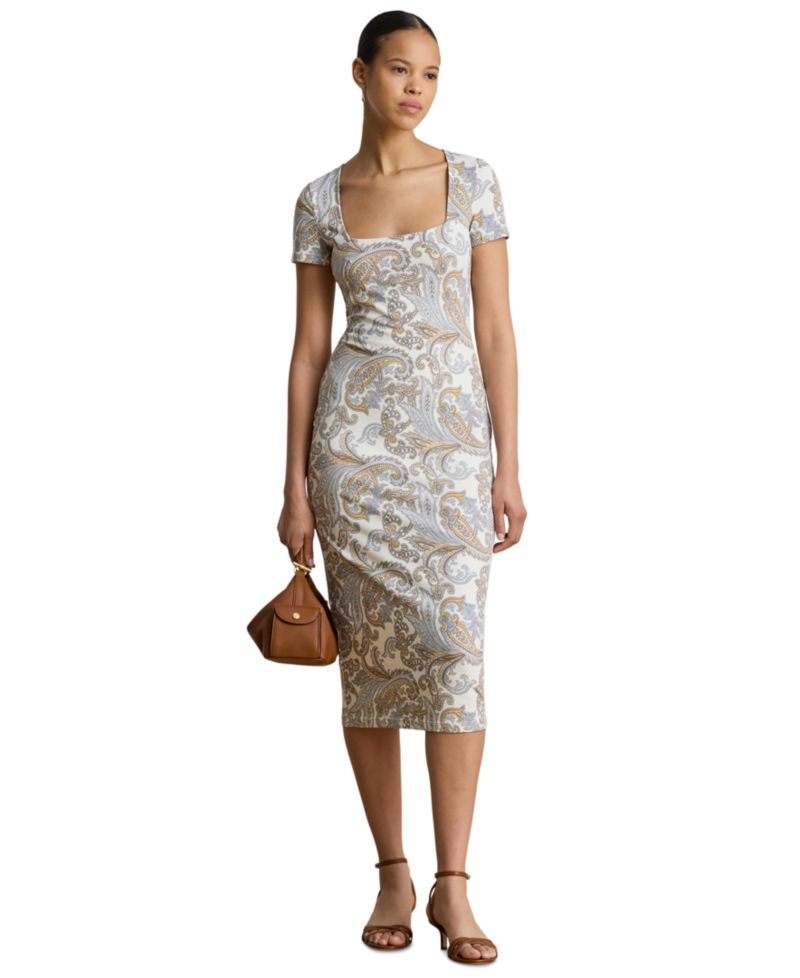 Women's Slim-Fit Square Neck Short-Sleeve Midi Dress