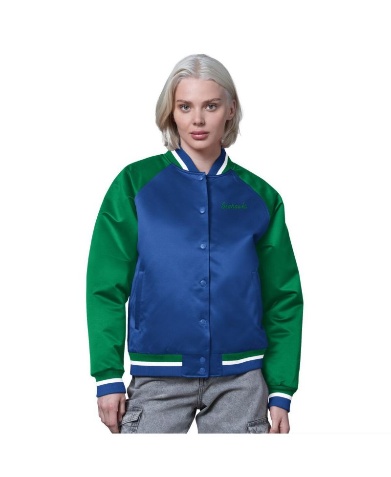 Women's Royal/Green Seattle Seahawks Satin Full-Snap Vintage Varsity Jacket