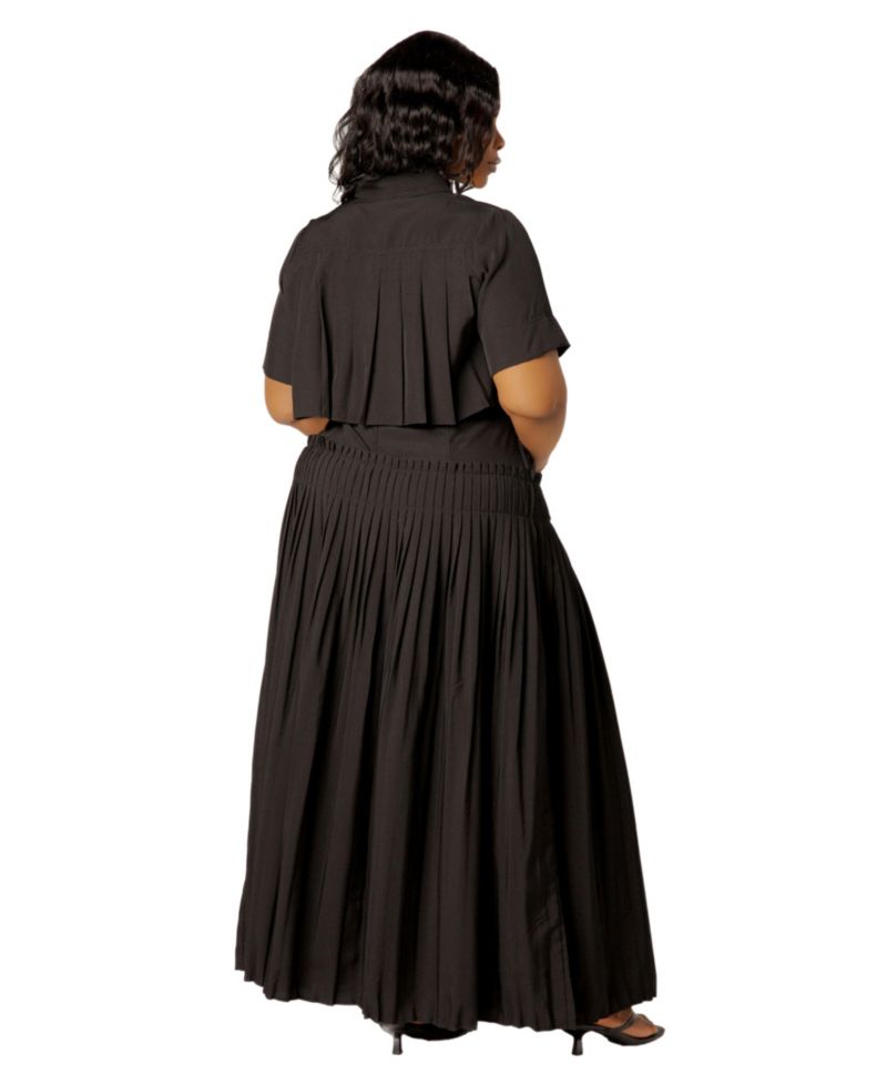 Plus Size Pleated Cropped Collared Top and Skirt Set