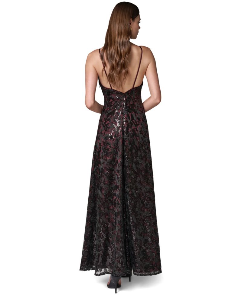 Women's Sleeveless Sequin-Embroidered Low V-Back Gown