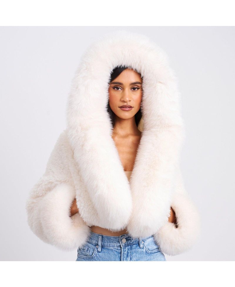 Women's Kali White Cropped Faux Fur Jacket With Hood