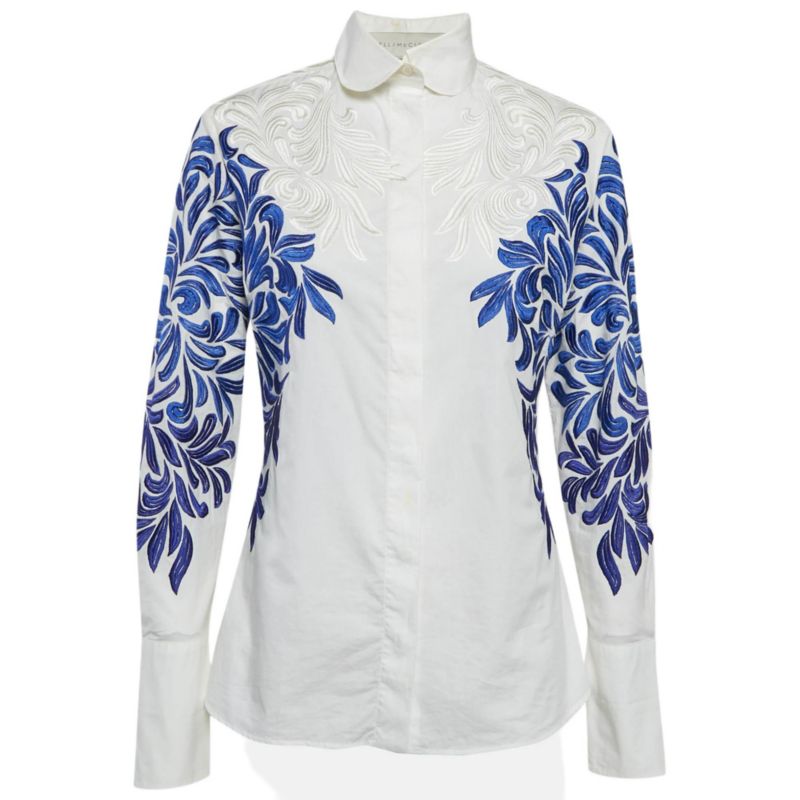 Women's White/blue Embroidered Cotton Long Sleeve Shirt