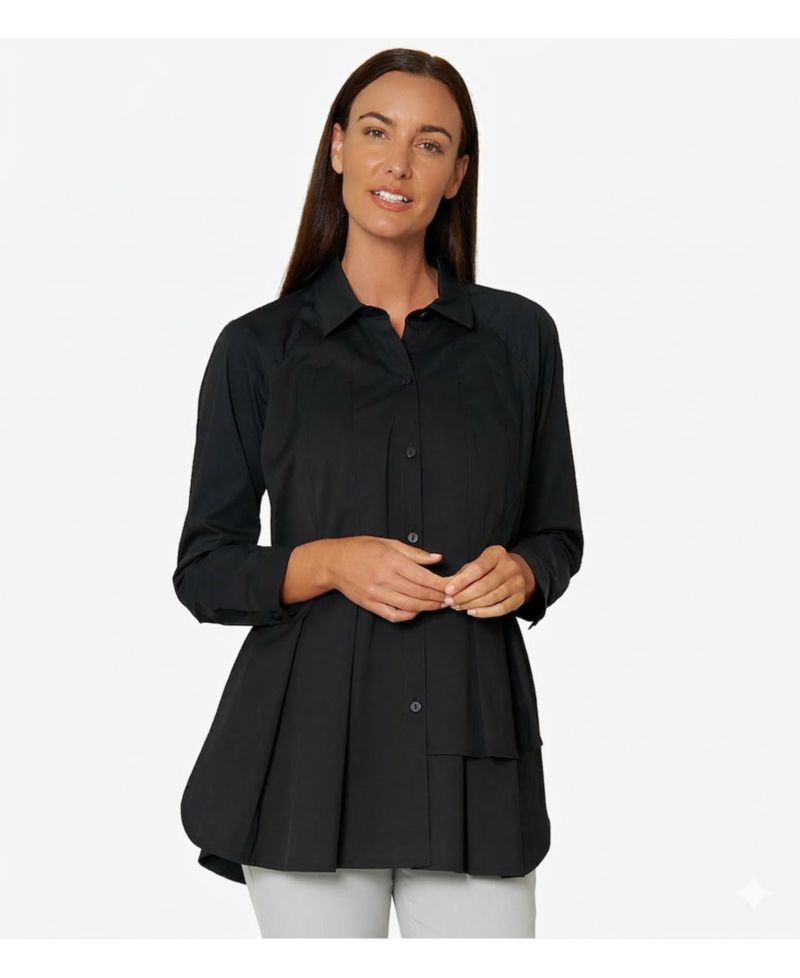 Women's Asymmetrical Tier Collared Button-Front Shirt Top Sensation Tunic