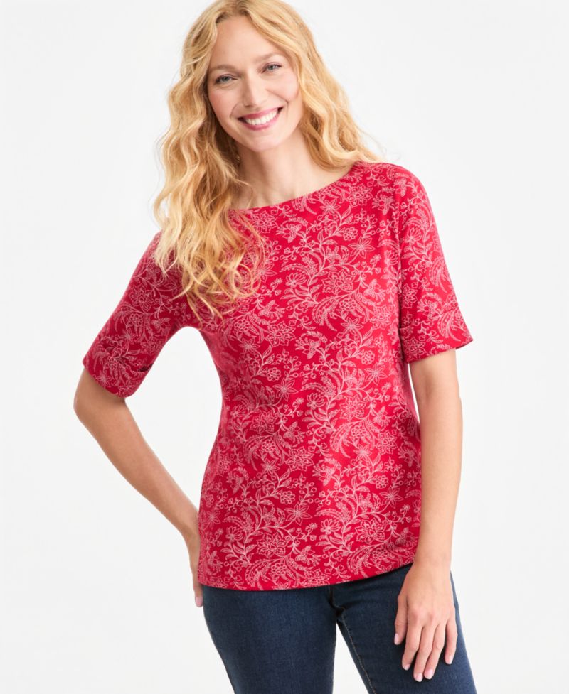 Petite Elbow-Sleeve Boat-Neck T-Shirt