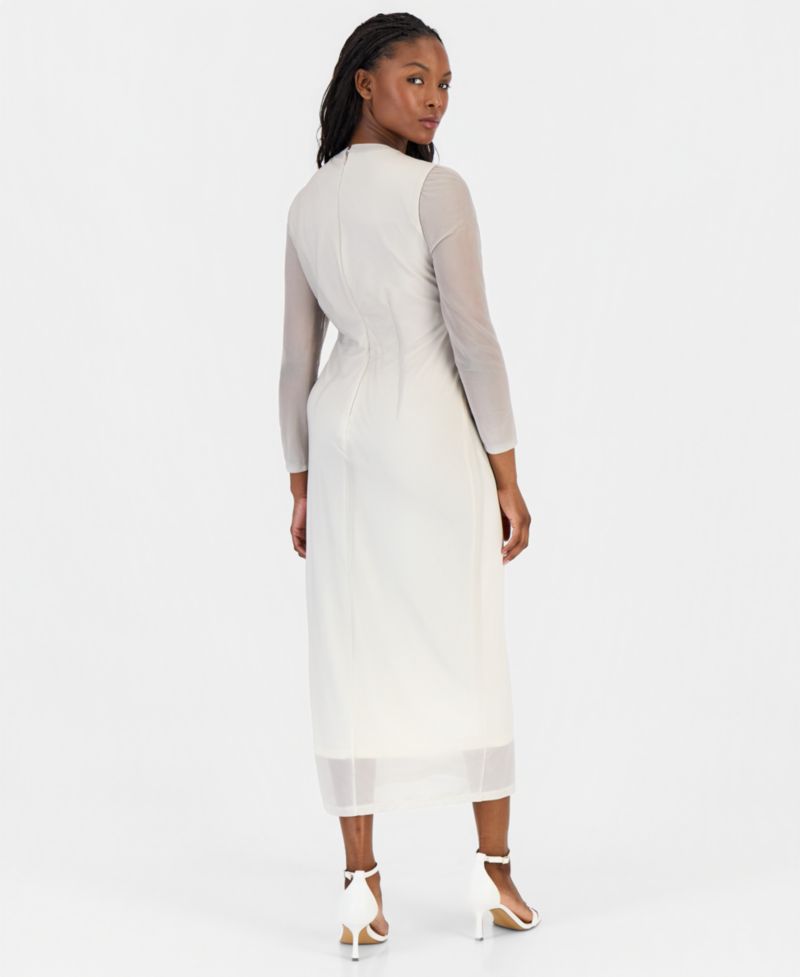 Petite Ruched Printed Mesh Midi Dress