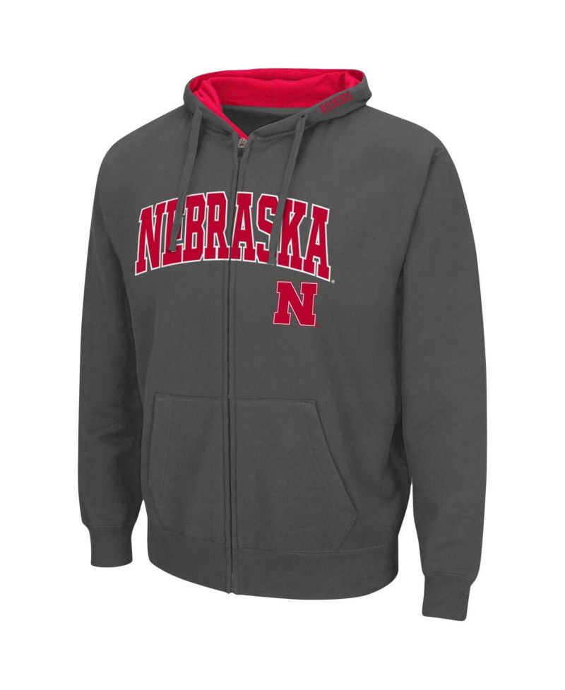 Men's Charcoal Nebraska Huskers Arch and Logo 3.0 Full-Zip Hoodie