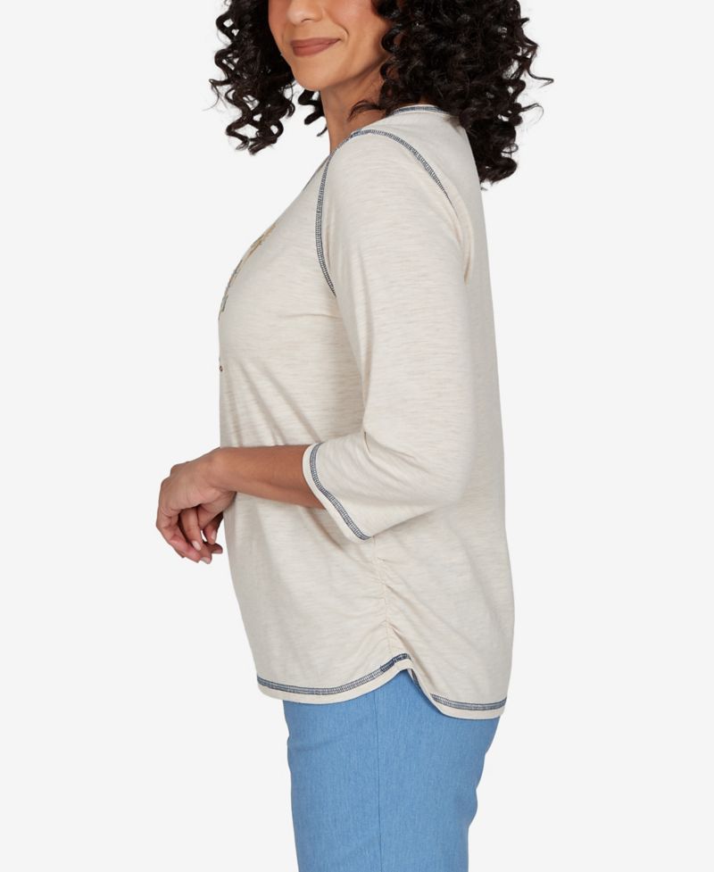 Petite Sunflower-Embroidery Crewneck 3/4-Sleeve Cotton-Blend T-Shirt