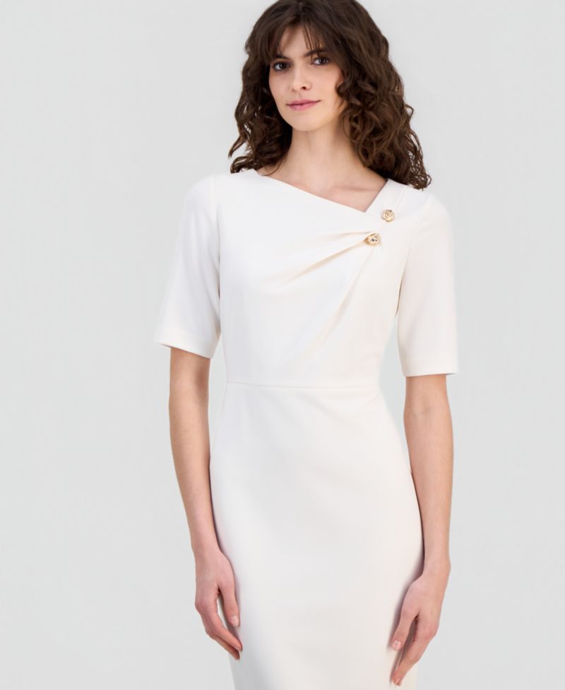 Women's Asymmetric-Neck Elbow-Sleeve Dress