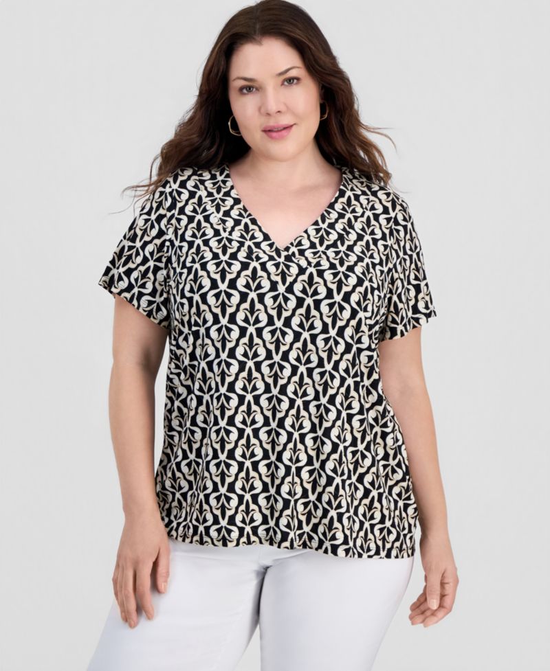Plus Printed Short Sleeve V-Neck Jacquard Top