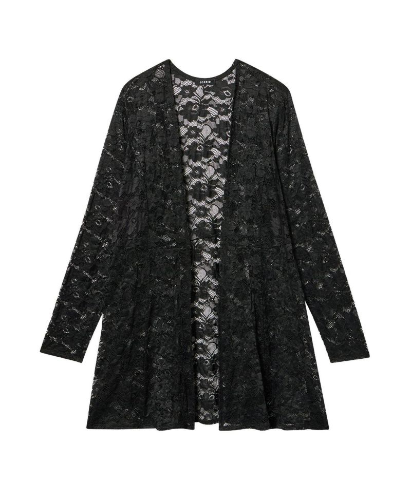 Plus Size Lace Fit and Flare Kimono Sheer Open-Front Jacket