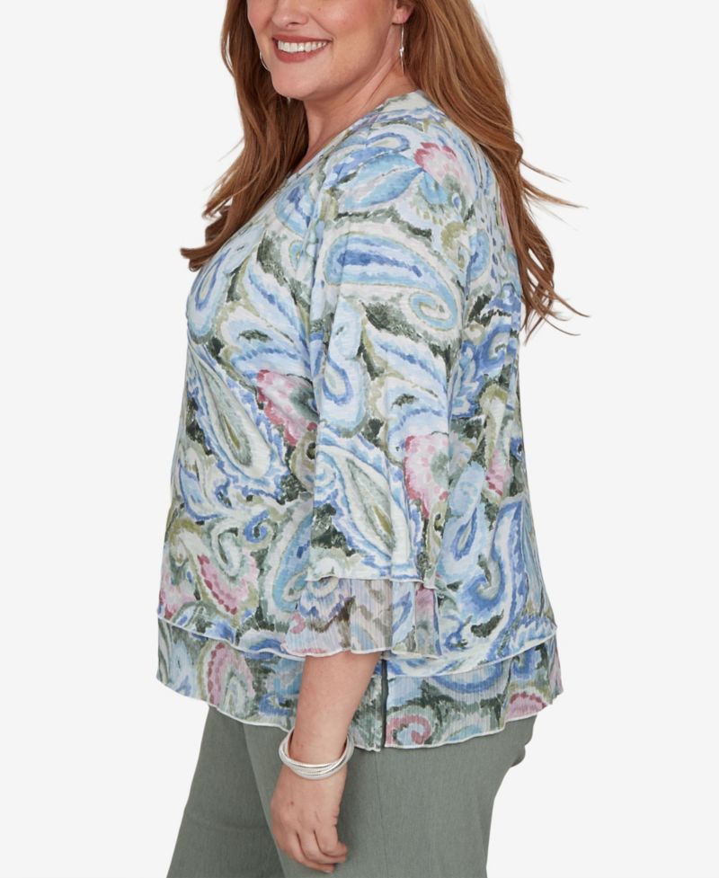 Plus Size Provence Paisley Woven-Trim 3/4-Sleeve Blouse