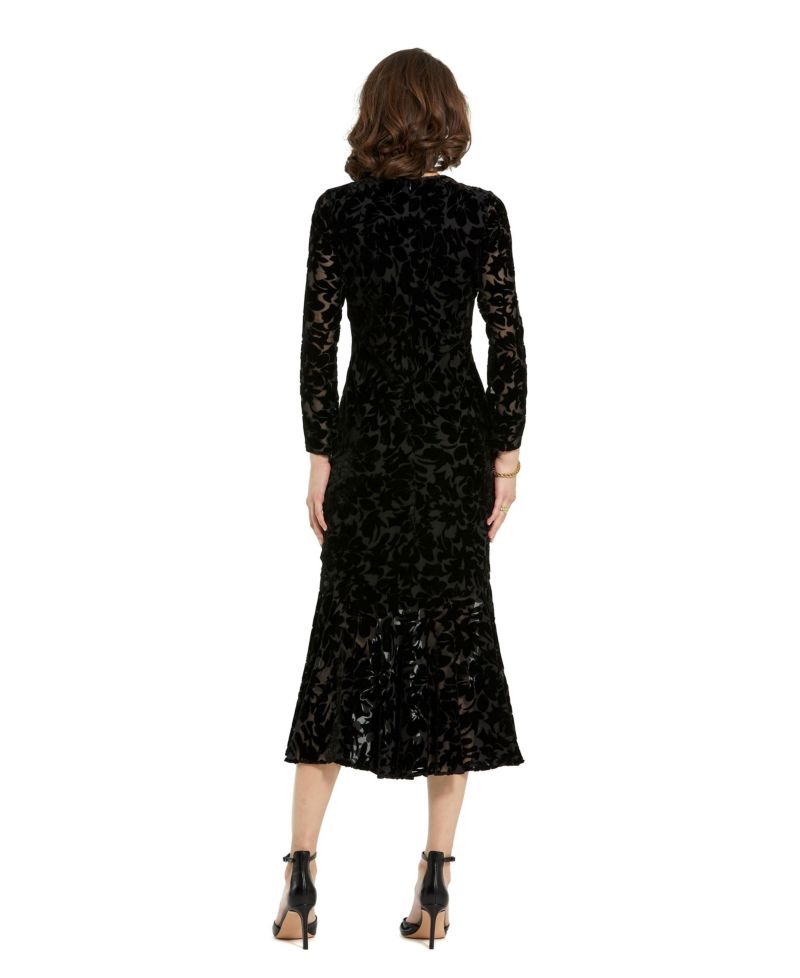 Women's Burnout Velvet Long Sleeve Ruffle Hem Midi Dress