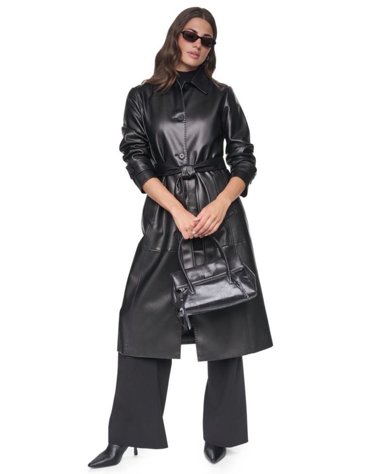 Women's Belted Long Faux Leather Trench Coat