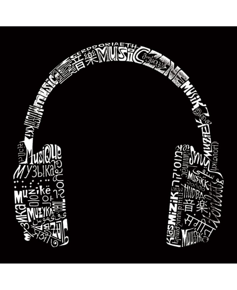 Men's Word Art Long Sleeve T-Shirt- Headphones - Music In Different Languages