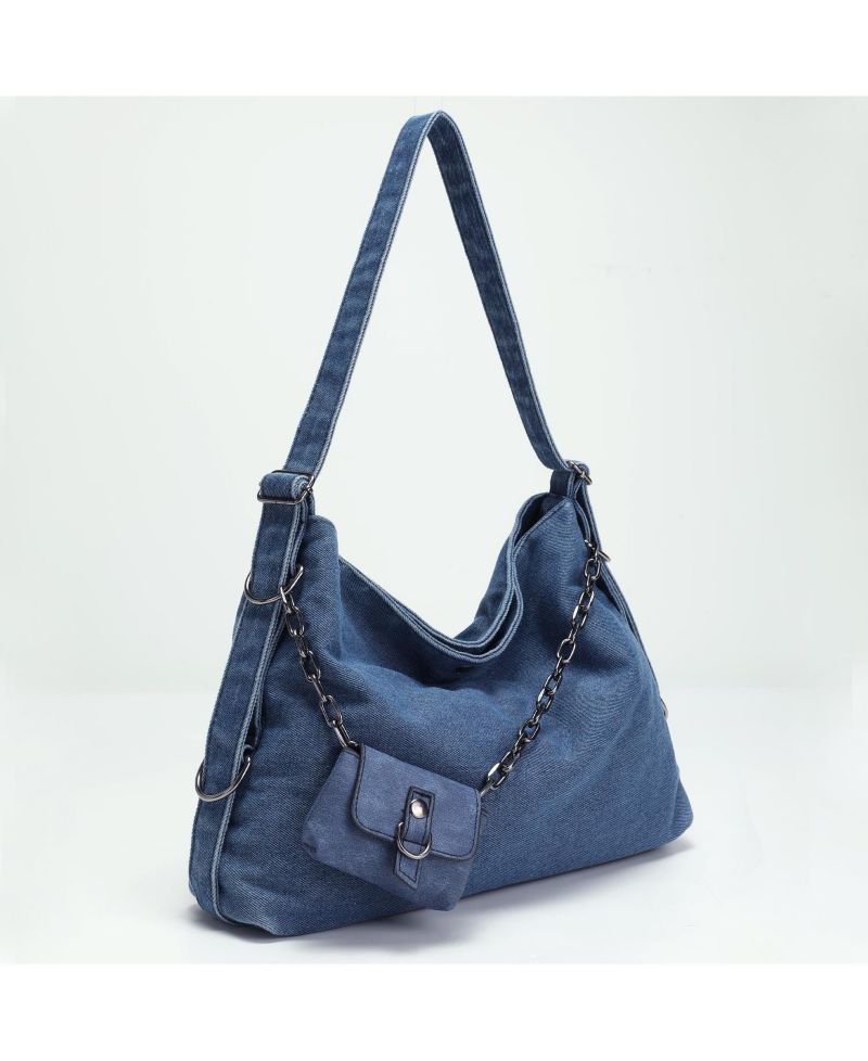 Women's Drift Hobo Bag Slouchy Shoulder Bag Crossbody Purse Casual Washed Denim Handbag with Chain Accent