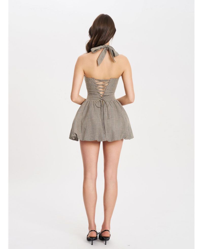 Women's Dacia Plaid Halter Lace-up Bubble Mini Dress