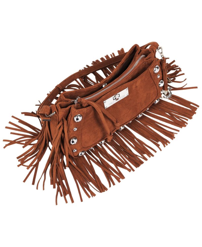 Vintage Dangle Fringe Hobo Bag with Studded Trim and Charm Accents