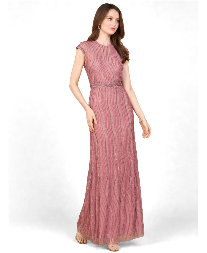 Women's Cap Sleeve, Illusion Neck Beaded Gown