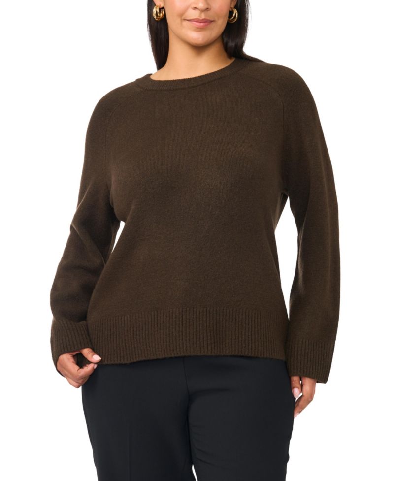 Plus Size Saddle Shoulder Ribbed Cuffs and Hem Crewneck Sweater